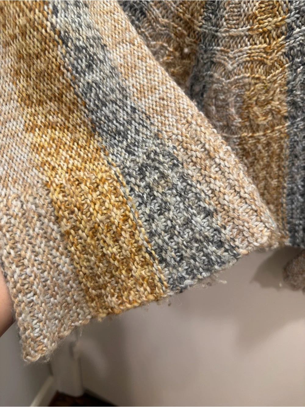 Free People Striped Twist-Front V-Neck Sweater in Gray & Mustard wool blend